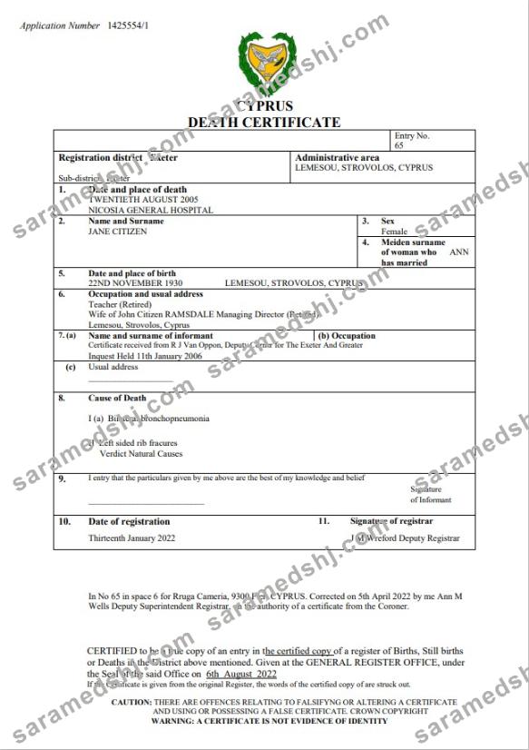 Cyprus vital record death certificate Word and PDF template